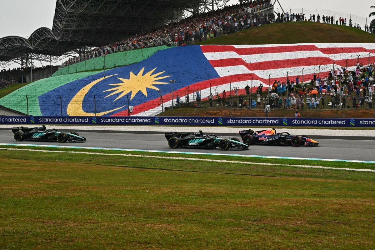 Red Bull driver Max Verstappen leads Mercedes' Andrea Kimi Antonelli and George Russell on track during the 2026 F1 Bahrain Grand Prix in Malaysia