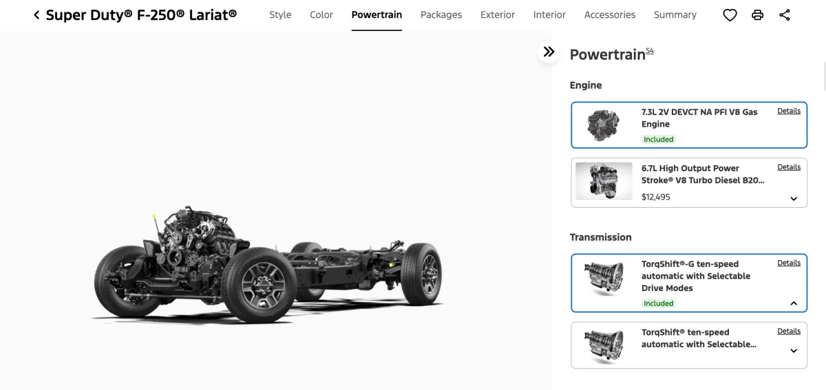 Screenshot of Ford's build and price tool