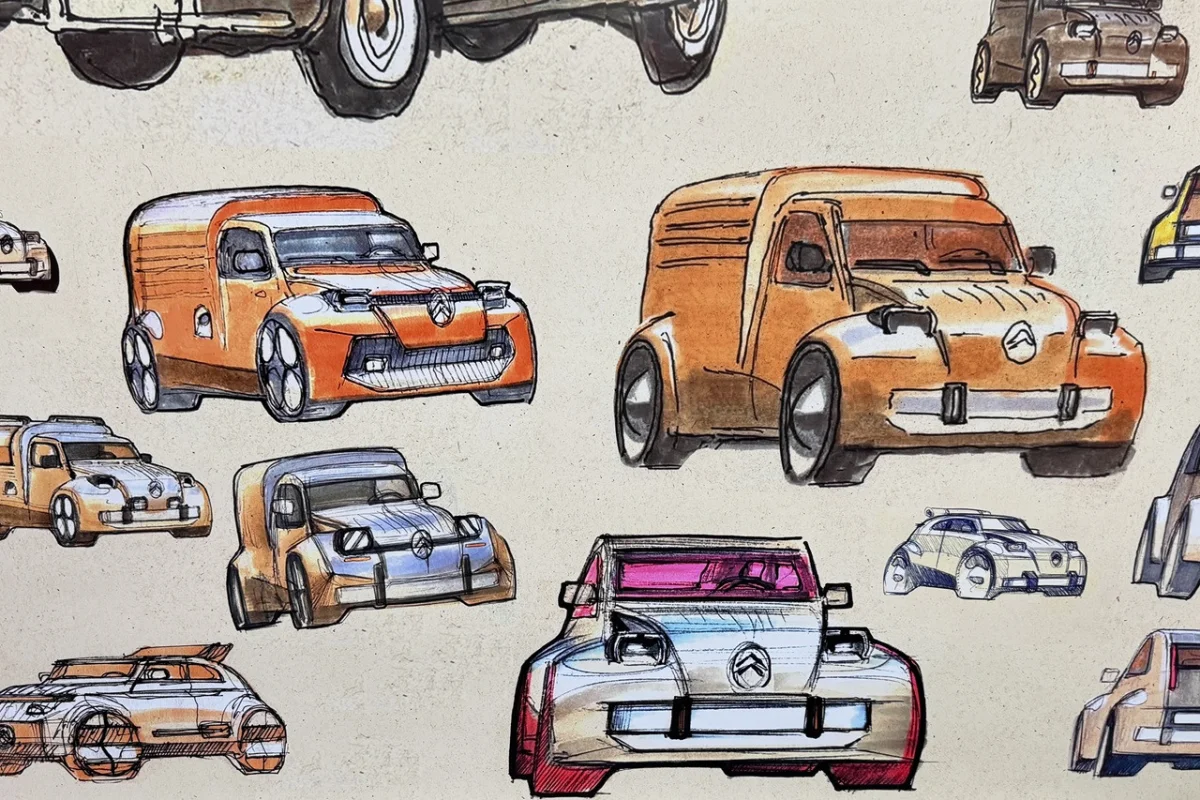Visual drafts from Citroën designers for the future 2CV Fourgonnette.